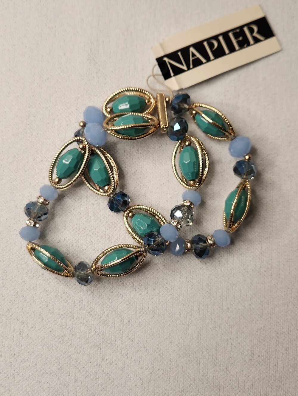 Napier Necklace & Bracelet Set Gold Tone Oval Chain Links Sea Green Blue Beads - Picture 4 of 16